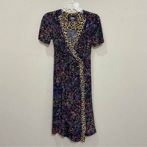 Anthropologie Maeve Floral Leopard Dress Faux Wrap Morgan Midi Size 0 - Picture 3 of 9